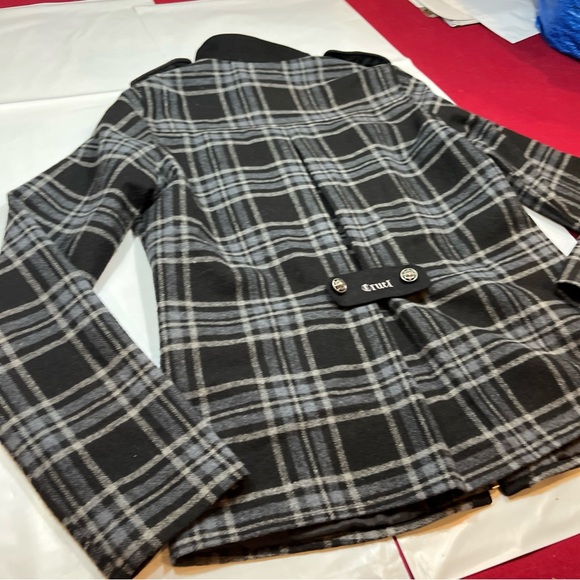 CRUEL black PLAID military Jacket zip Coat Gray Wool Blend Steampunk Goth Small - Picture 3 of 16